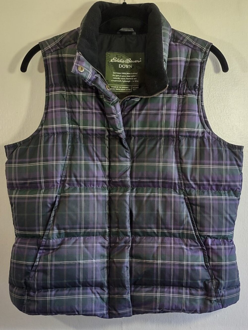 Vintage Eddie Bauer Down Quilted Vest Women Small Plaid Pockets Outdoor Heritag
